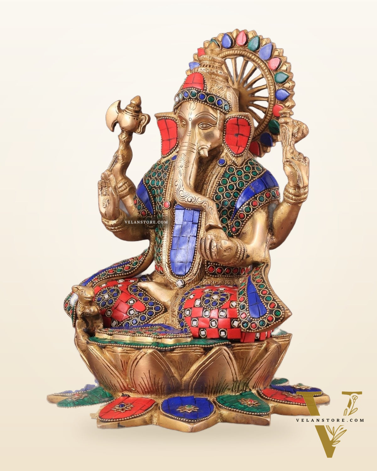 Pure Brass Lord Ganesha on Lotus statue | 11 Inch meenakari