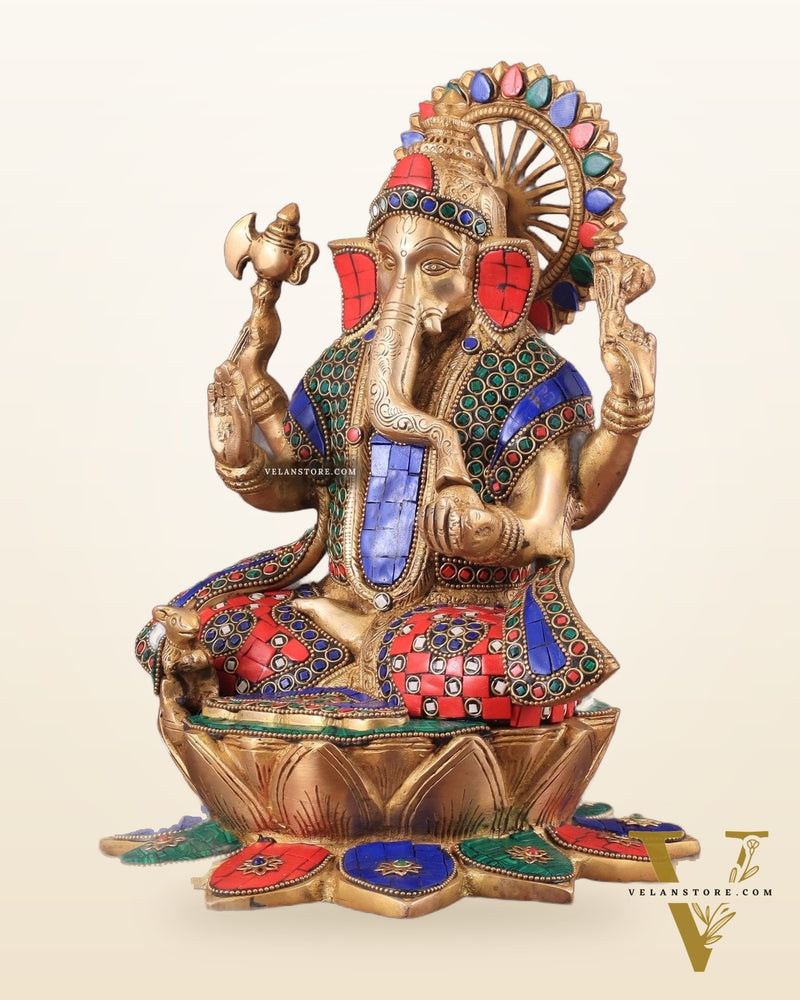 Pure Brass Lord Ganesha on Lotus statue | 11 Inch meenakari