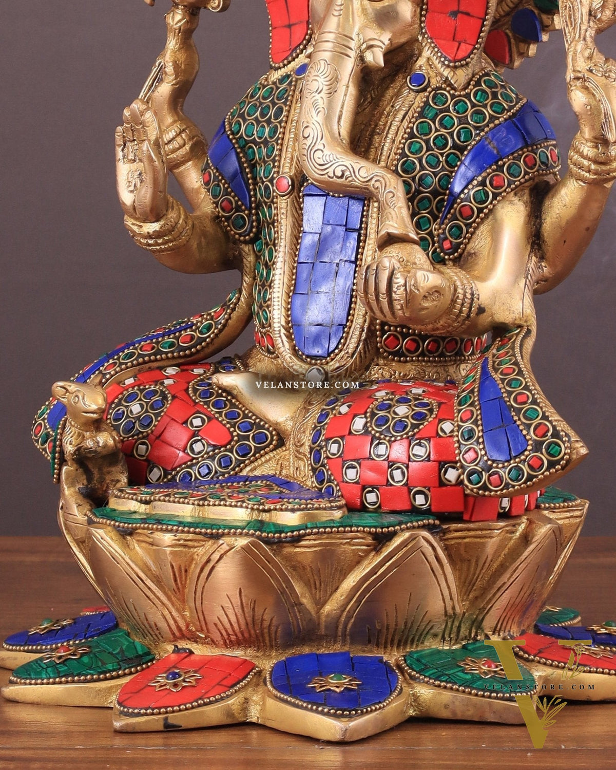 Pure Brass Lord Ganesha on Lotus statue | 11 Inch meenakari