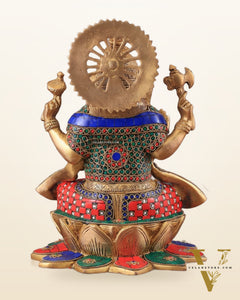 Pure Brass Lord Ganesha on Lotus statue | 11 Inch meenakari