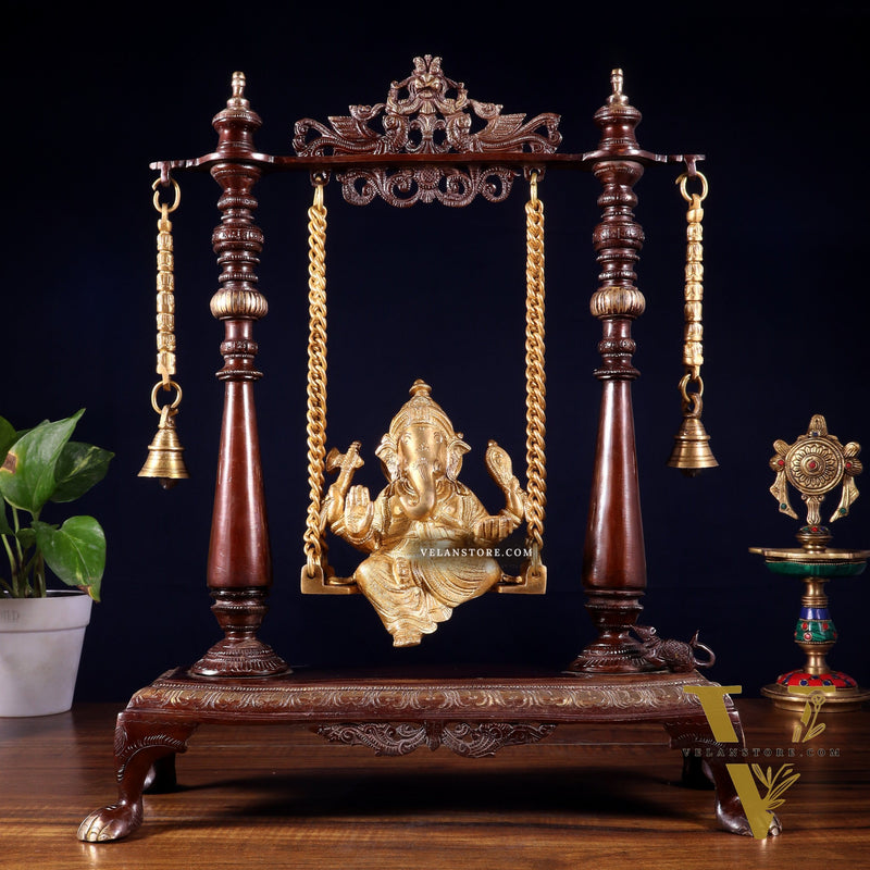 Pure Brass Lord Ganesha on Swing | Superfine Quality | 16 Inch dual tone
