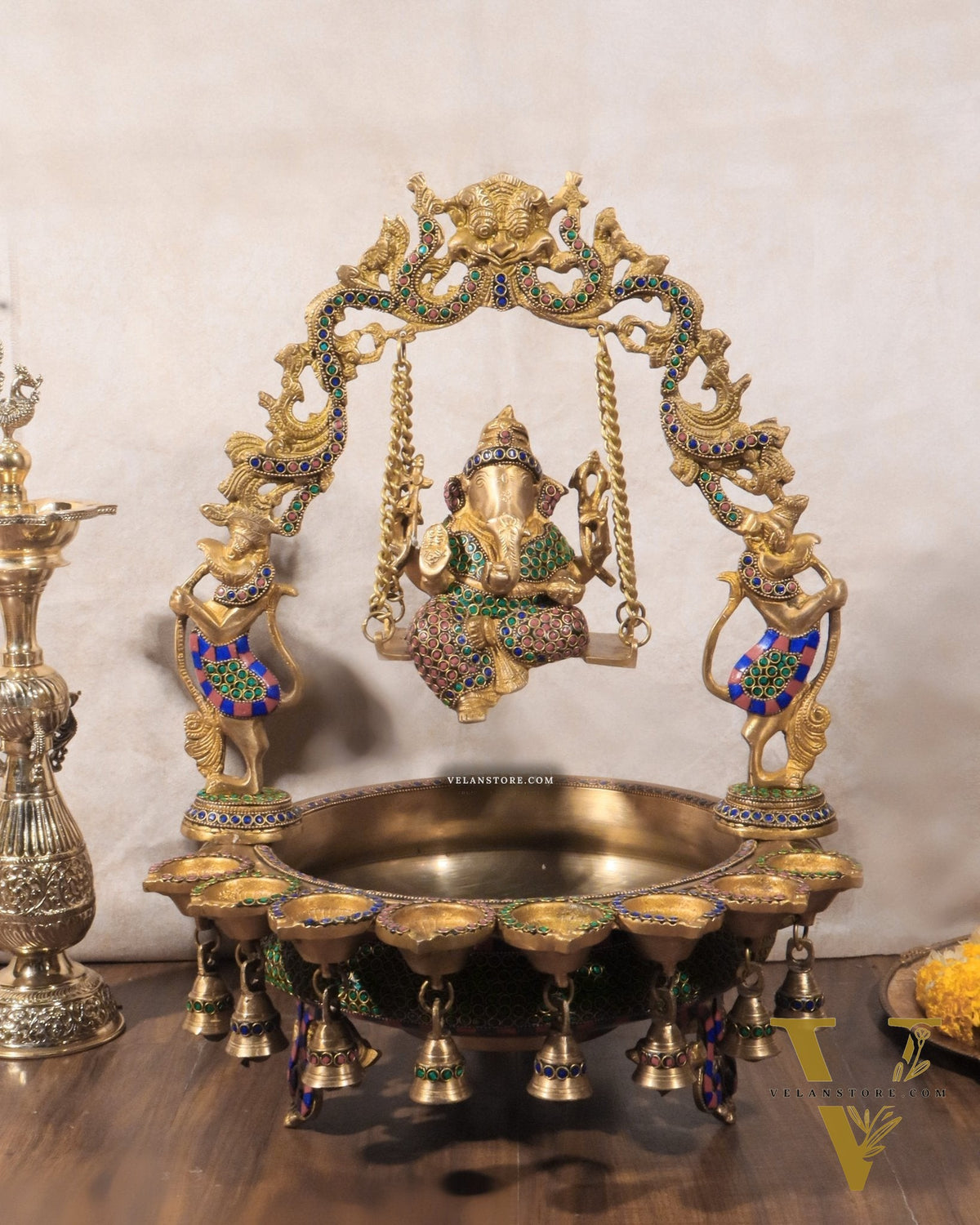 Pure Brass Lord Ganesha on Swing Urli with Diyas - Large 21" Statue