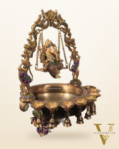 Pure Brass Lord Ganesha on Swing Urli with Diyas - Large 21" Statue