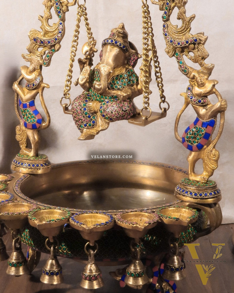 Pure Brass Lord Ganesha on Swing Urli with Diyas - Large 21" Statue