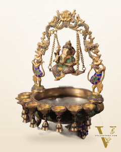 Pure Brass Lord Ganesha on Swing Urli with Diyas - Large 21" Statue