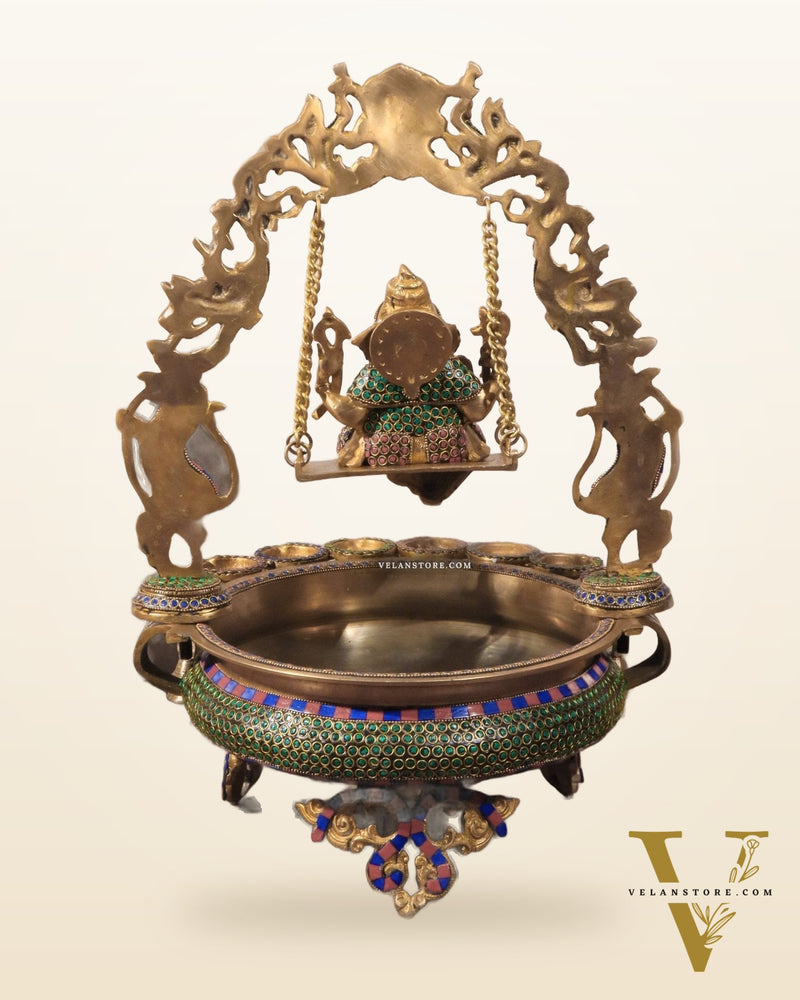 Pure Brass Lord Ganesha on Swing Urli with Diyas - Large 21" Statue