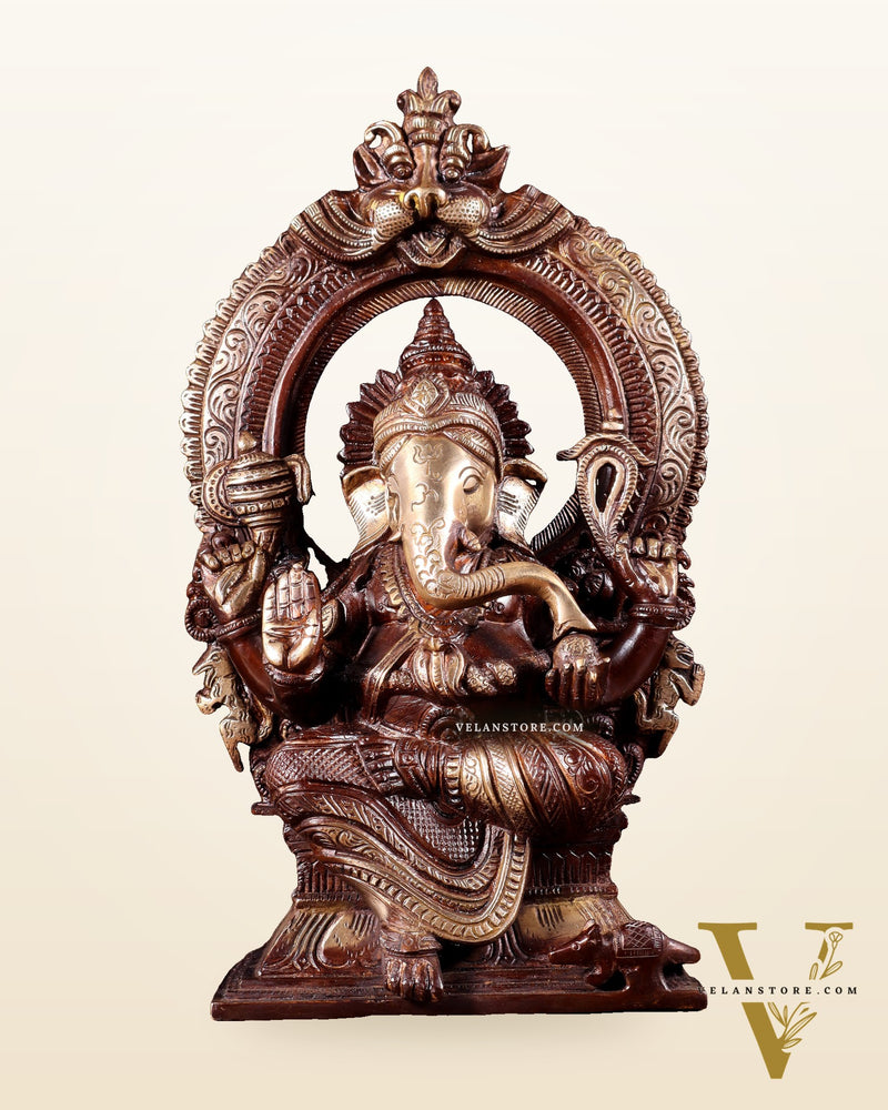 Pure Brass Lord Ganesha on Throne – Dual Tone Finish 12 inch