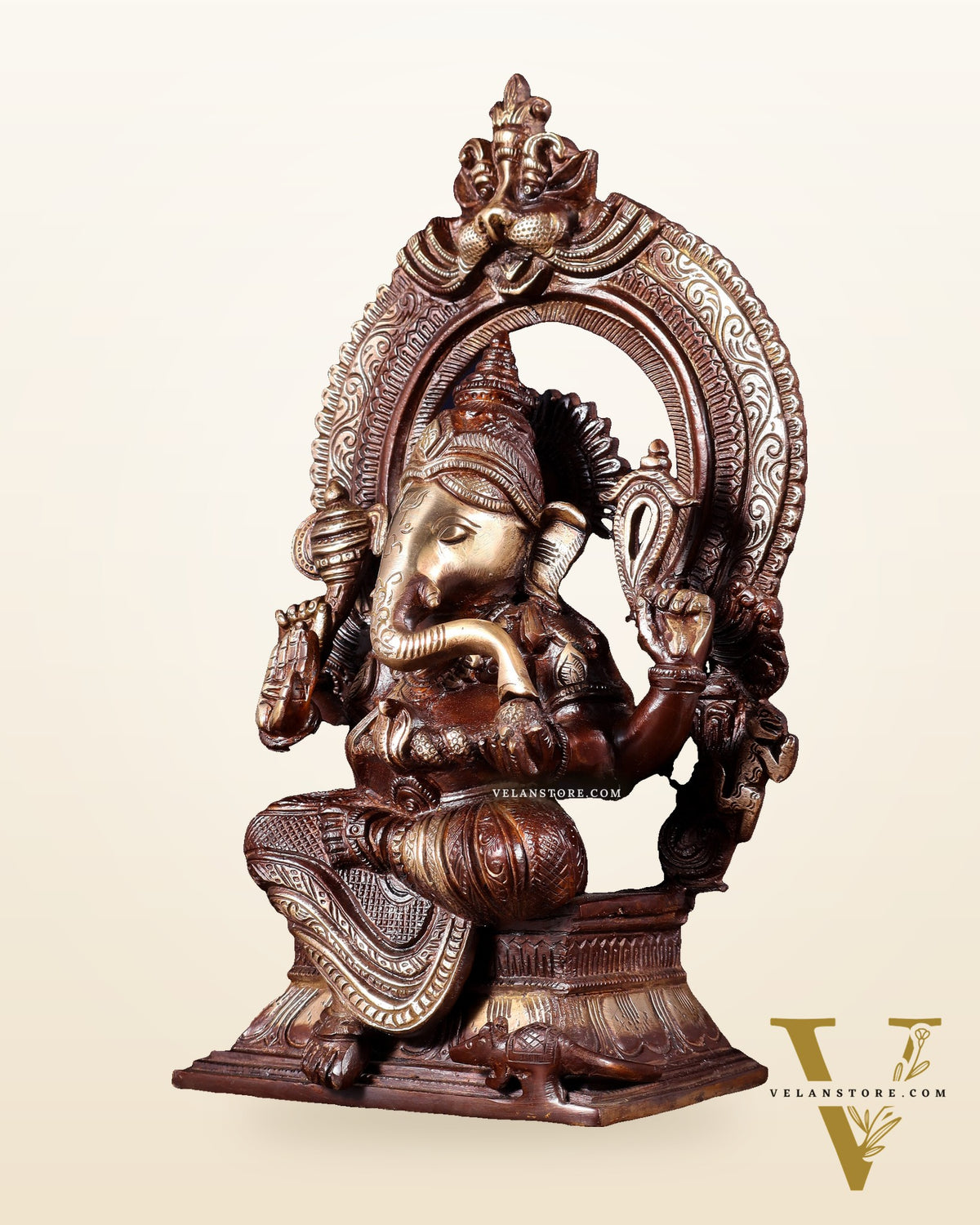 Pure Brass Lord Ganesha on Throne – Dual Tone Finish 12 inch