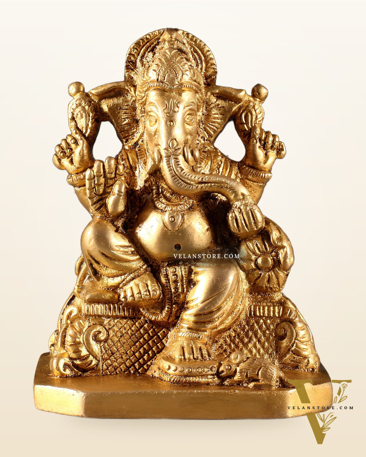 Pure Brass Lord Ganesha on Throne Statue – 5" Small Size for Pooja Room or Gifting