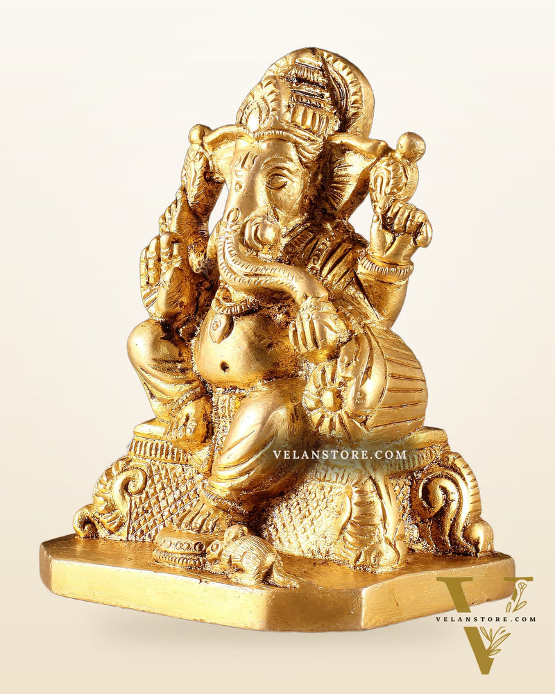 Pure Brass Lord Ganesha on Throne Statue – 5" Small Size for Pooja Room or Gifting