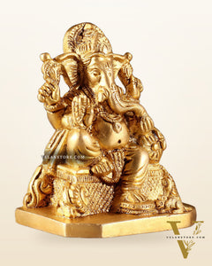 Pure Brass Lord Ganesha on Throne Statue – 5" Small Size for Pooja Room or Gifting