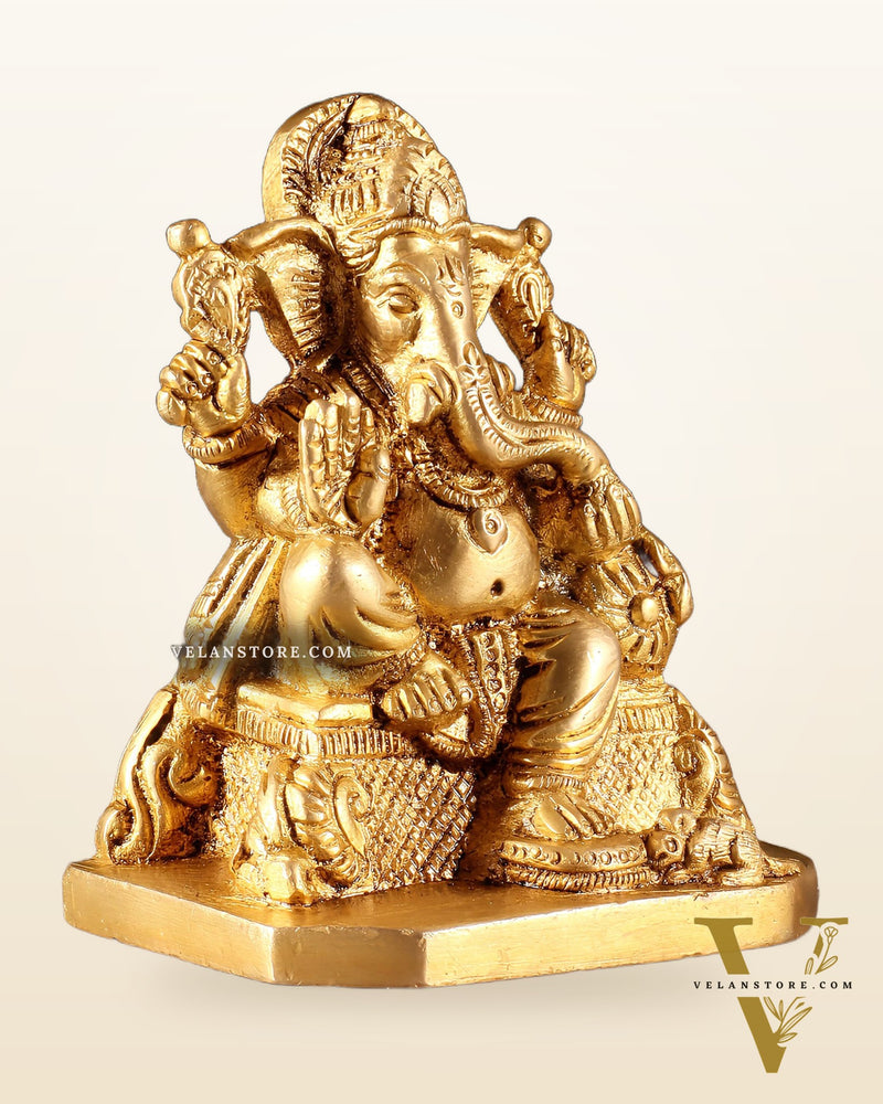 Pure Brass Lord Ganesha on Throne Statue – 5" Small Size for Pooja Room or Gifting