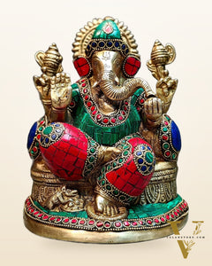 Pure Brass Lord Ganesha on throne statue 7.5"