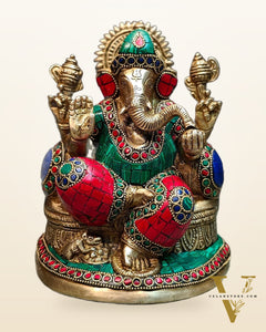 Pure Brass Lord Ganesha on throne statue 7.5"