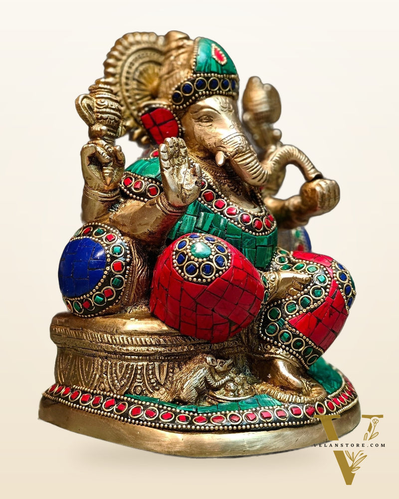 Pure Brass Lord Ganesha on throne statue 7.5"