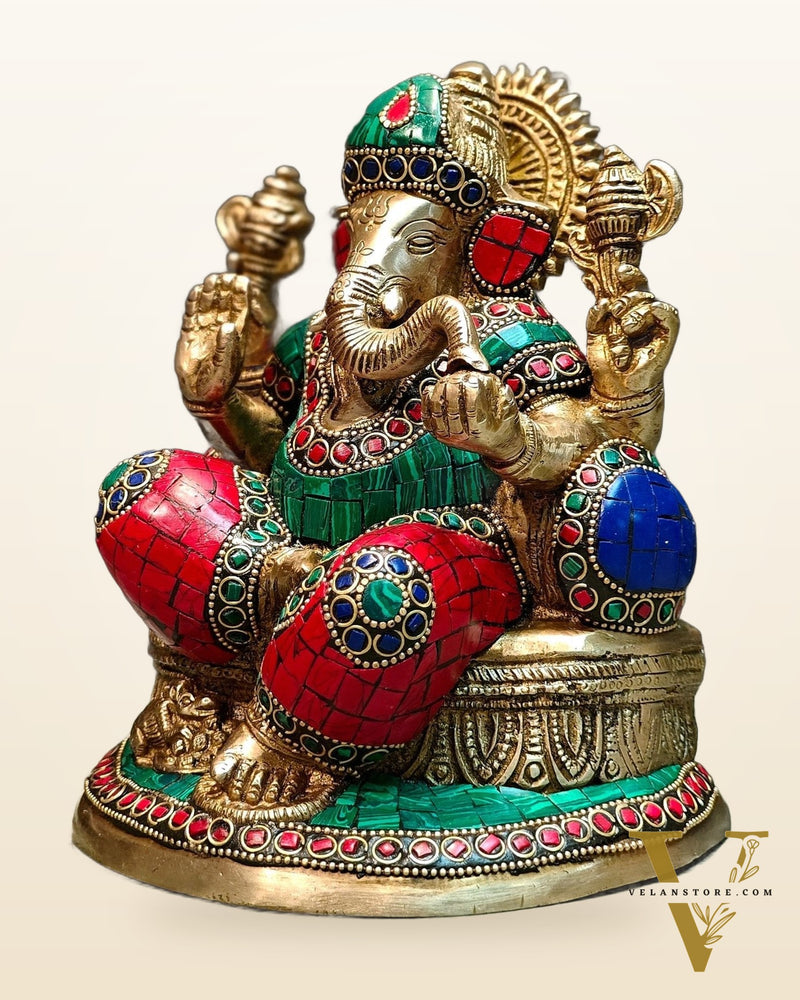 Pure Brass Lord Ganesha on throne statue 7.5"
