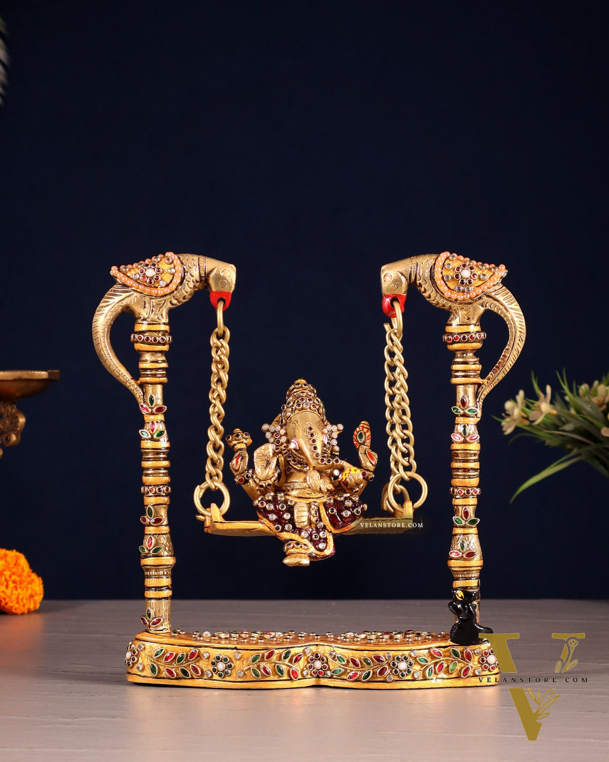 Pure Brass Lord Ganesha on Twin Parrot Swing with Laakh Meenakari 8"