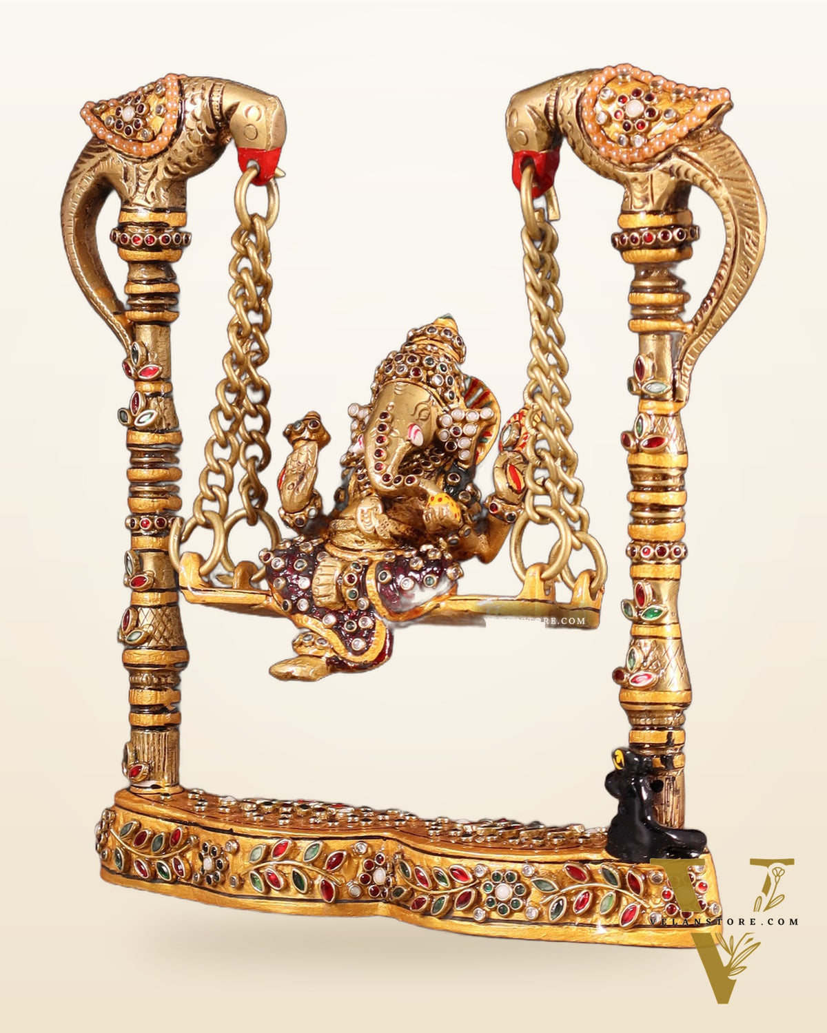 Pure Brass Lord Ganesha on Twin Parrot Swing with Laakh Meenakari 8"