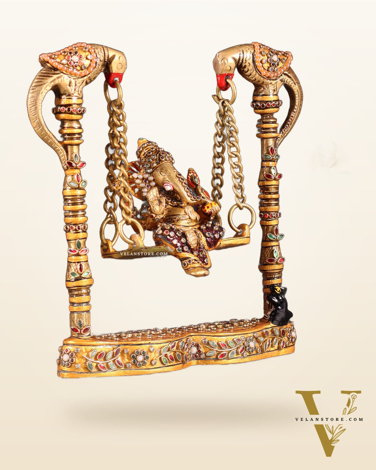 Pure Brass Lord Ganesha on Twin Parrot Swing with Laakh Meenakari 8"