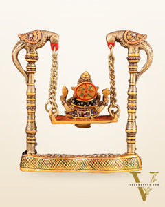 Pure Brass Lord Ganesha on Twin Parrot Swing with Laakh Meenakari 8"