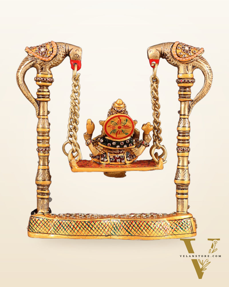 Pure Brass Lord Ganesha on Twin Parrot Swing with Laakh Meenakari 8"