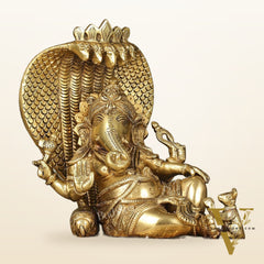 Pure Brass Lord Ganesha Resting on Sheshnaag – 10" x 9" x 5.5" | Divine & Artistic Idol