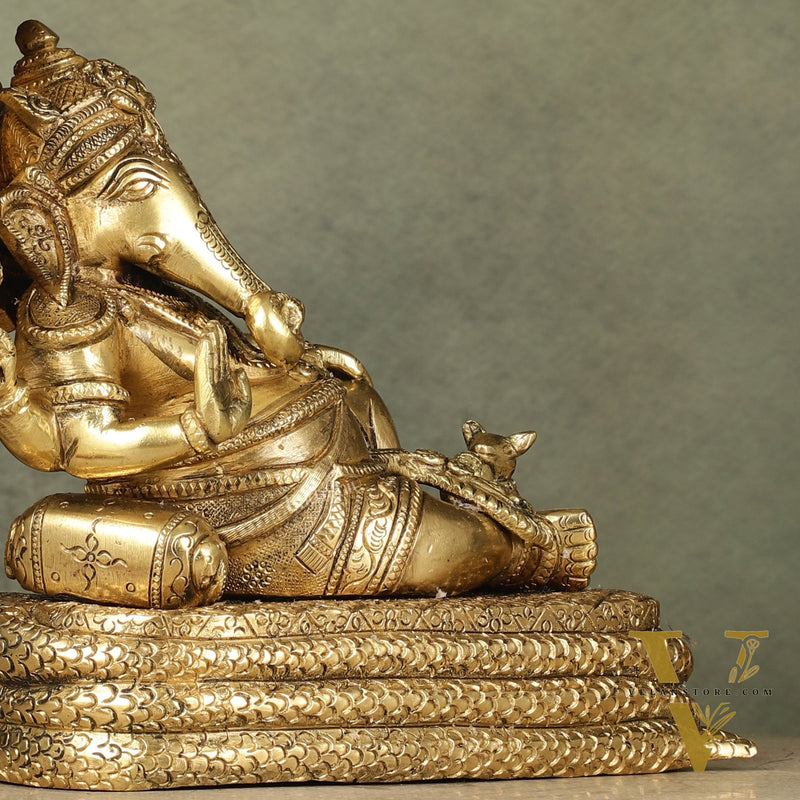 Pure Brass Lord Ganesha Resting on Sheshnaag – 10" x 9" x 5.5" | Divine & Artistic Idol