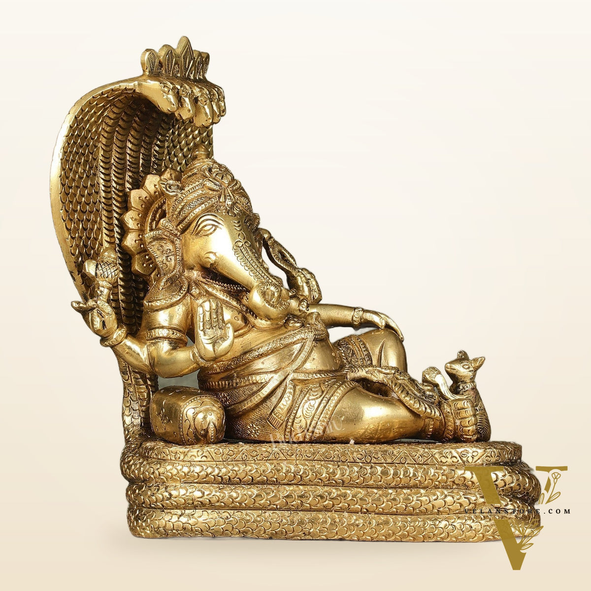 Pure Brass Lord Ganesha Resting on Sheshnaag – 10" x 9" x 5.5" | Divine & Artistic Idol