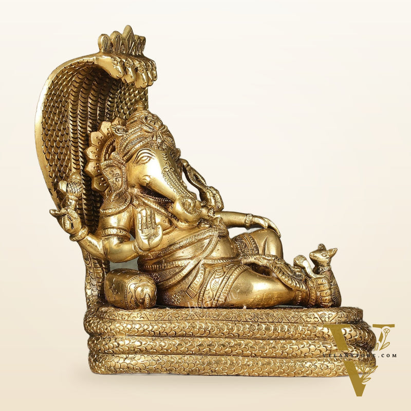 Pure Brass Lord Ganesha Resting on Sheshnaag – 10" x 9" x 5.5" | Divine & Artistic Idol