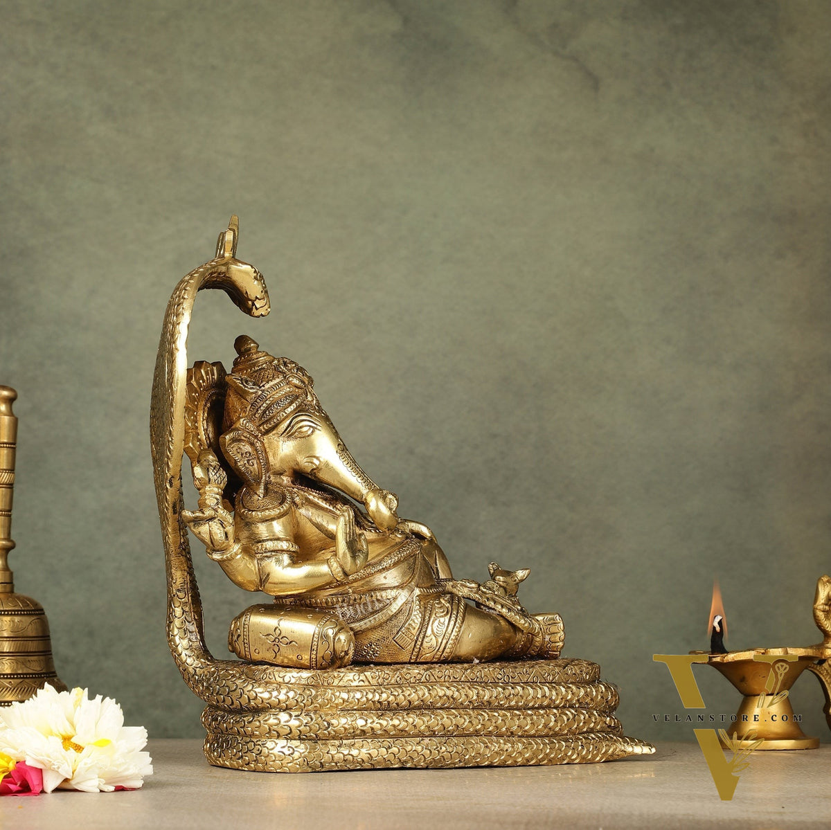 Pure Brass Lord Ganesha Resting on Sheshnaag – 10" x 9" x 5.5" | Divine & Artistic Idol
