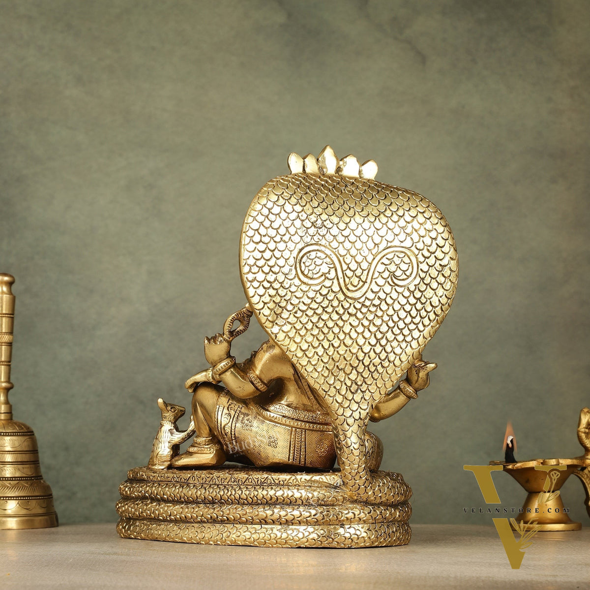 Pure Brass Lord Ganesha Resting on Sheshnaag – 10" x 9" x 5.5" | Divine & Artistic Idol