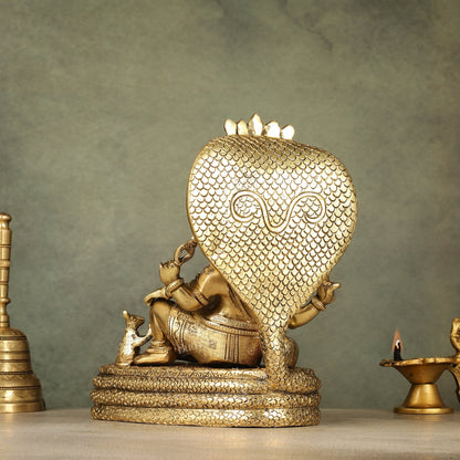 Pure Brass Lord Ganesha Resting on Sheshnaag – 10" x 9" x 5.5" | Divine & Artistic Idol