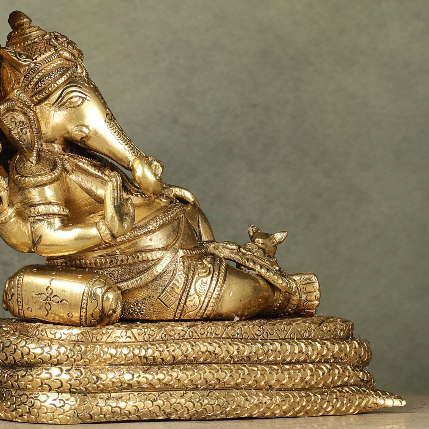 Pure Brass Lord Ganesha Resting on Sheshnaag – 10" x 9" x 5.5" | Divine & Artistic Idol