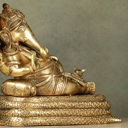 Pure Brass Lord Ganesha Resting on Sheshnaag – 10" x 9" x 5.5" | Divine & Artistic Idol