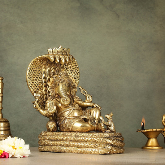 Pure Brass Lord Ganesha Resting on Sheshnaag – 10" x 9" x 5.5" | Divine & Artistic Idol