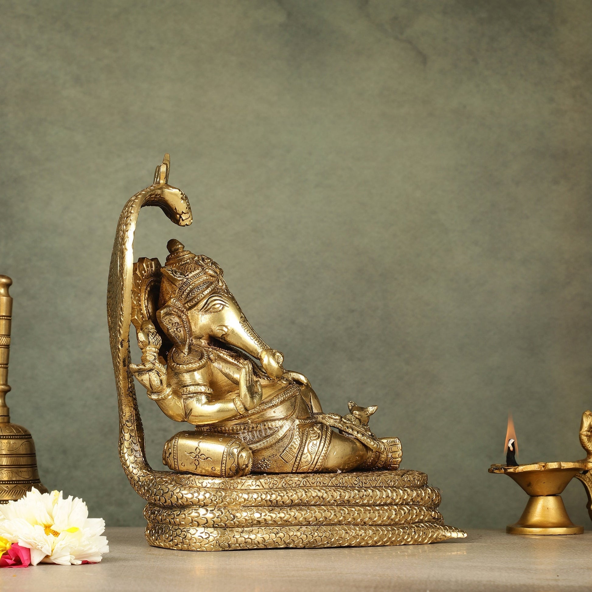 Pure Brass Lord Ganesha Resting on Sheshnaag – 10" x 9" x 5.5" | Divine & Artistic Idol