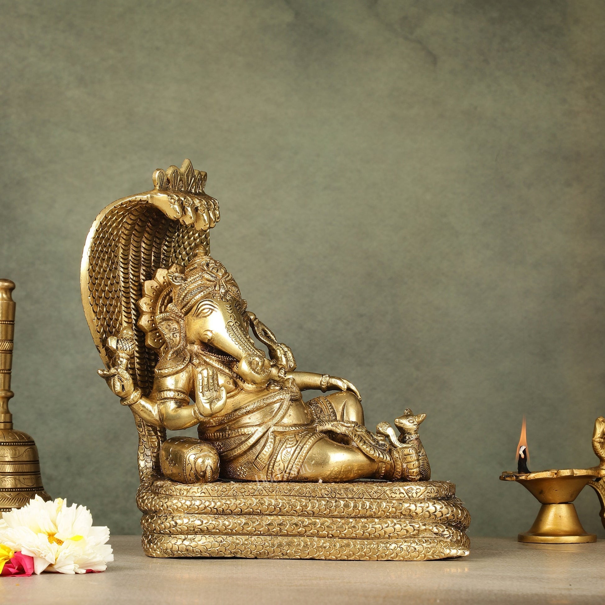 Pure Brass Lord Ganesha Resting on Sheshnaag – 10" x 9" x 5.5" | Divine & Artistic Idol