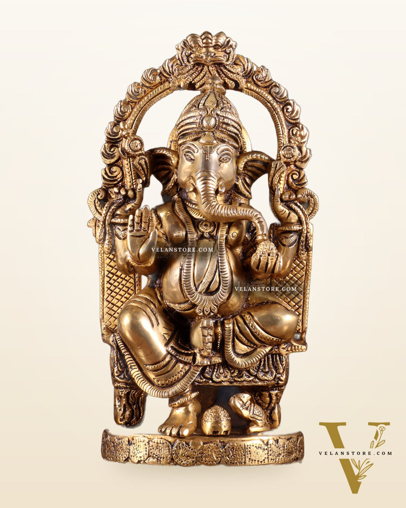 Pure Brass Lord Ganesha Seated on a Throne Statue 10"