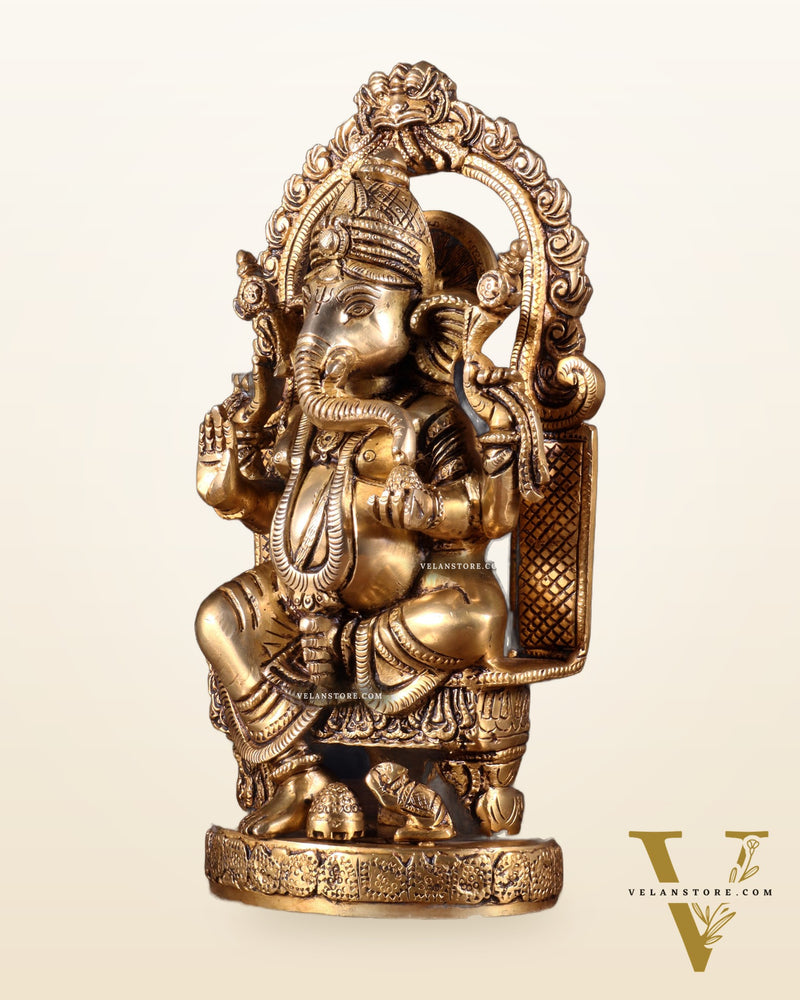 Pure Brass Lord Ganesha Seated on a Throne Statue 10"