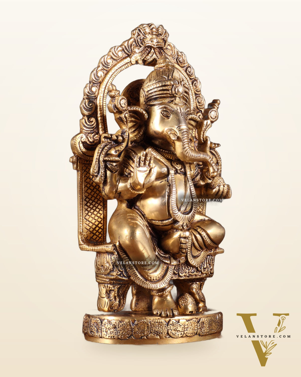 Pure Brass Lord Ganesha Seated on a Throne Statue 10"