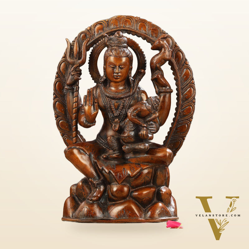 Pure Brass Lord Ganesha Seated on Lord Shiva's Lap Statue - 12-Inch