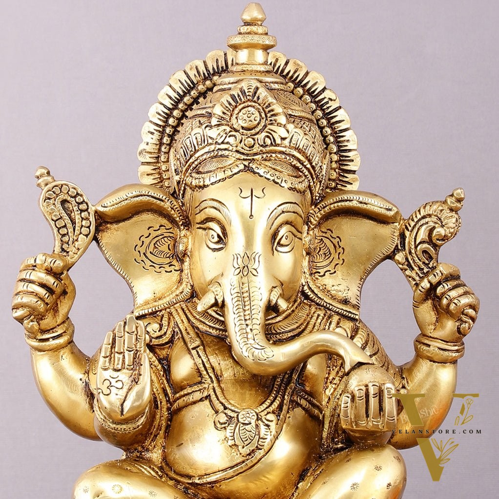 Pure Brass Lord Ganesha Statue - 12" Sacred Sculpture