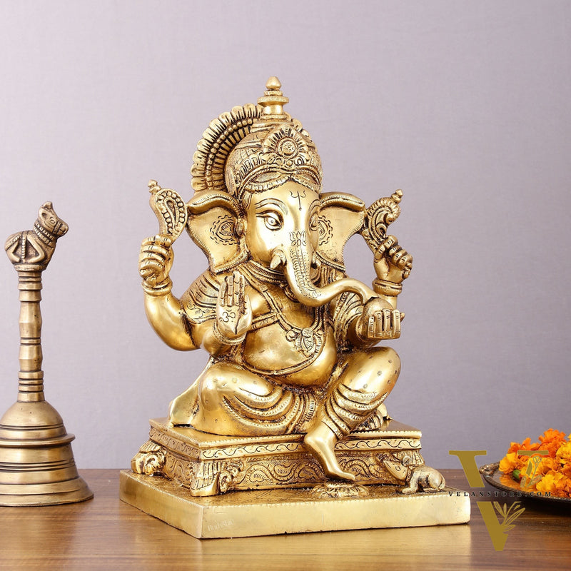 Pure Brass Lord Ganesha Statue - 12" Sacred Sculpture