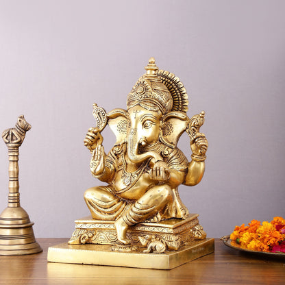 Pure Brass Lord Ganesha Statue - 12" Sacred Sculpture