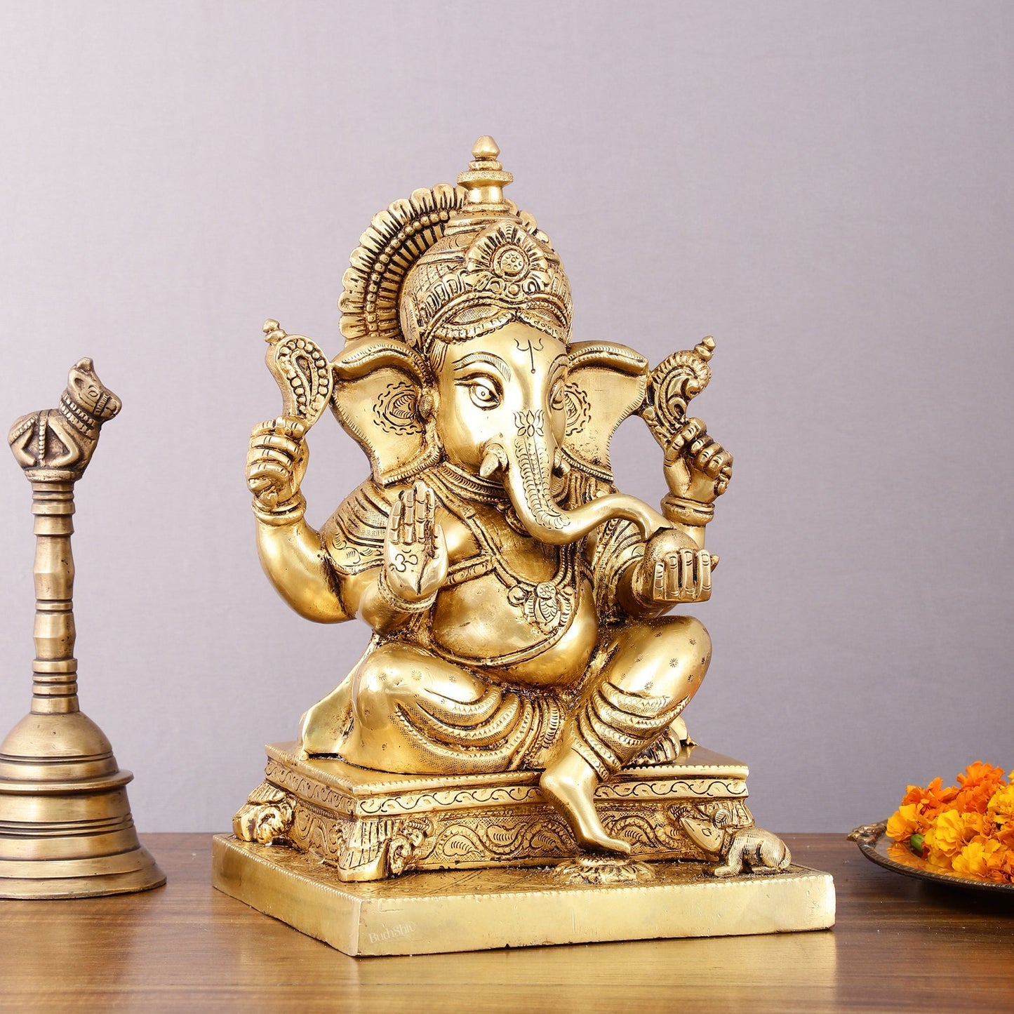 Pure Brass Lord Ganesha Statue - 12" Sacred Sculpture