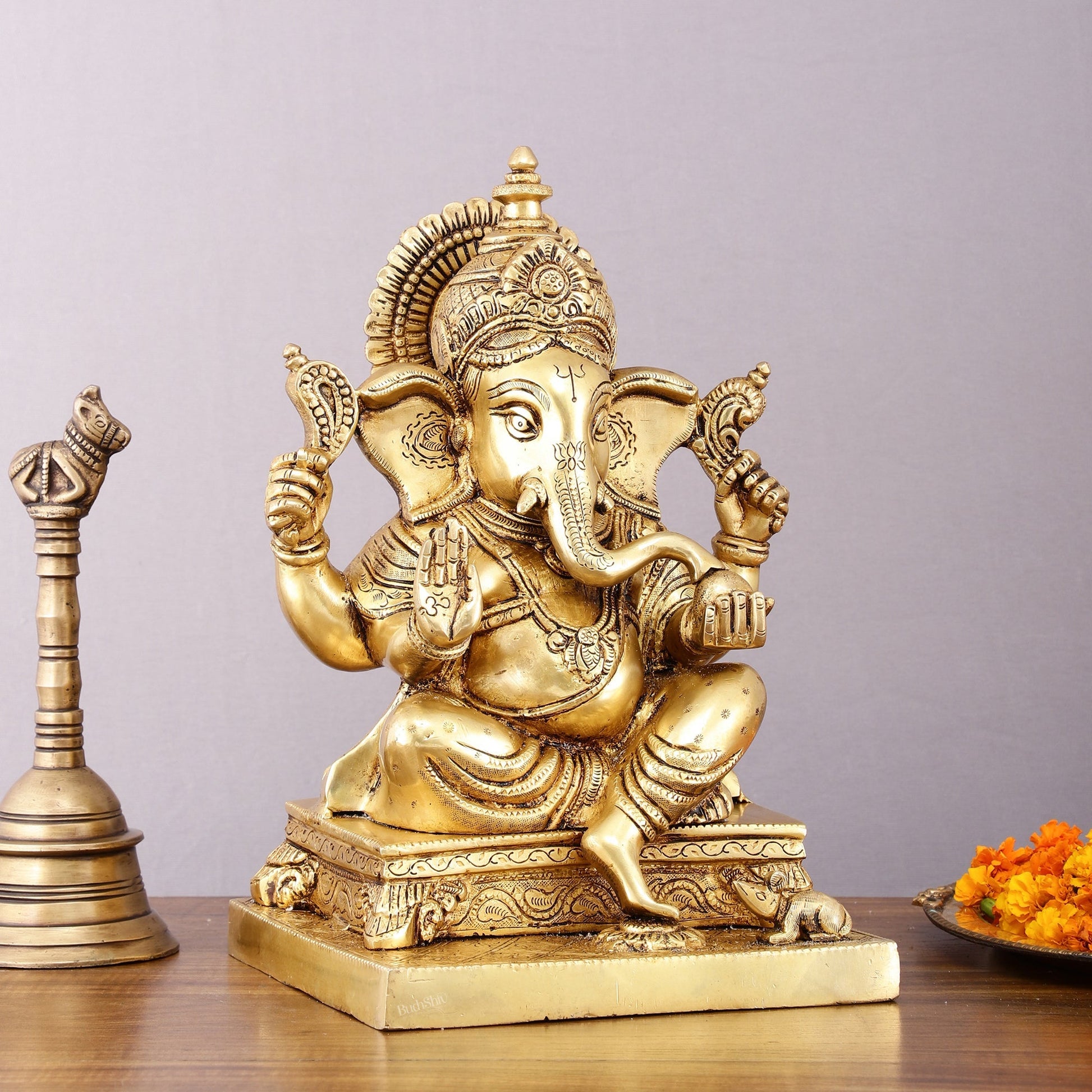 Pure Brass Lord Ganesha Statue - 12" Sacred Sculpture