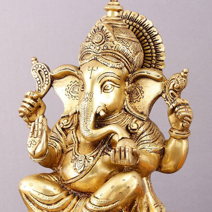 Pure Brass Lord Ganesha Statue - 12" Sacred Sculpture