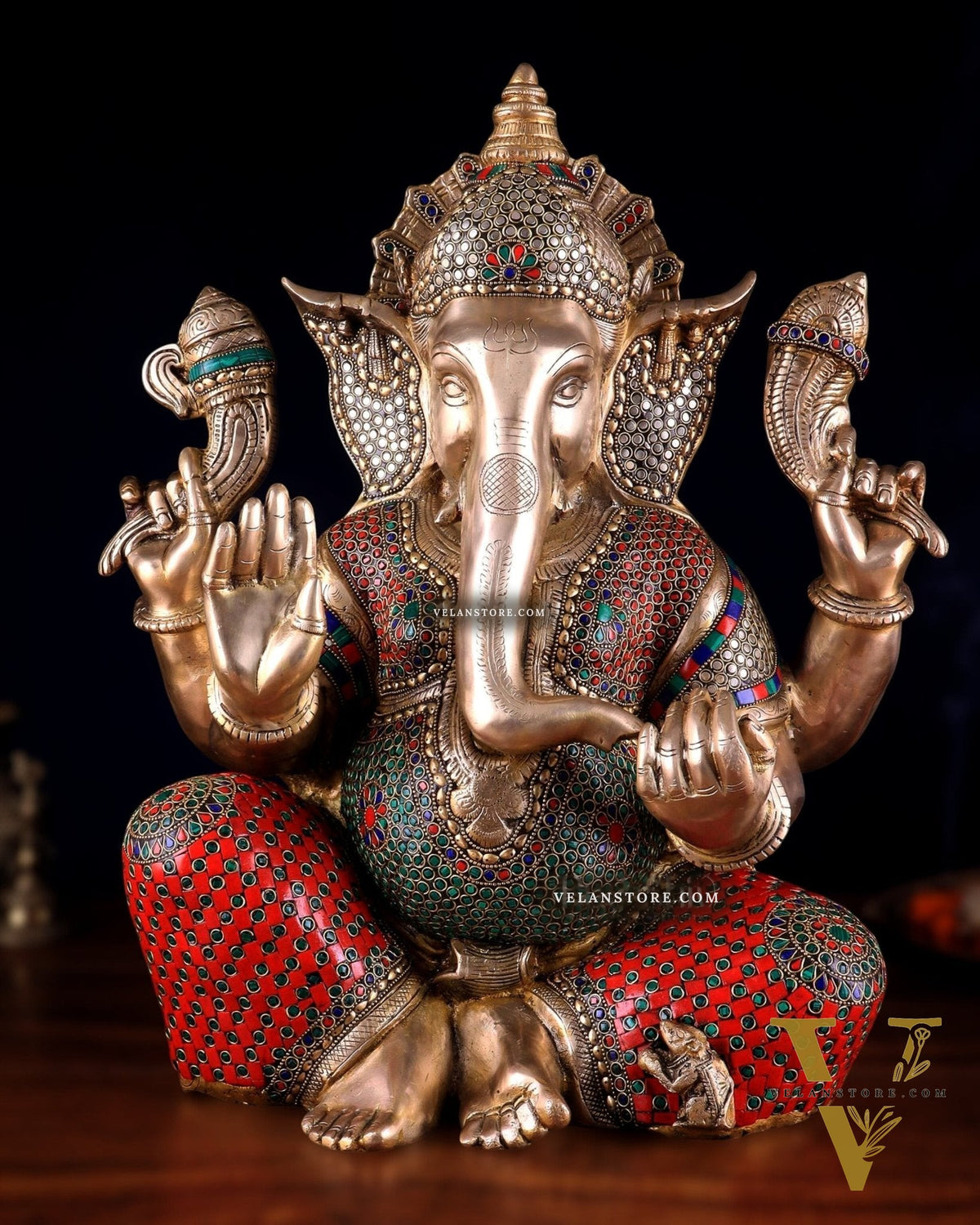 Pure Brass Lord Ganesha Statue - 20 Inch with stonework