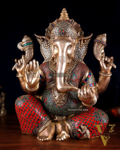 Pure Brass Lord Ganesha Statue - 20 Inch with stonework