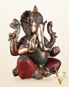 Pure Brass Lord Ganesha Statue - 20 Inch with stonework